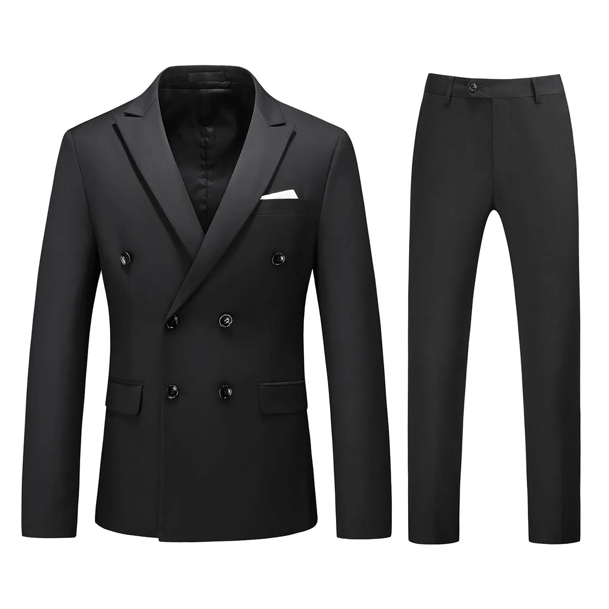 2-Piece Double Breasted Solid Color Black Suit