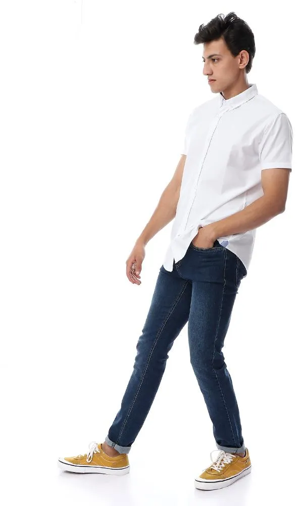 53151 Solid Half Sleeves Turn Down Collar Shirt White