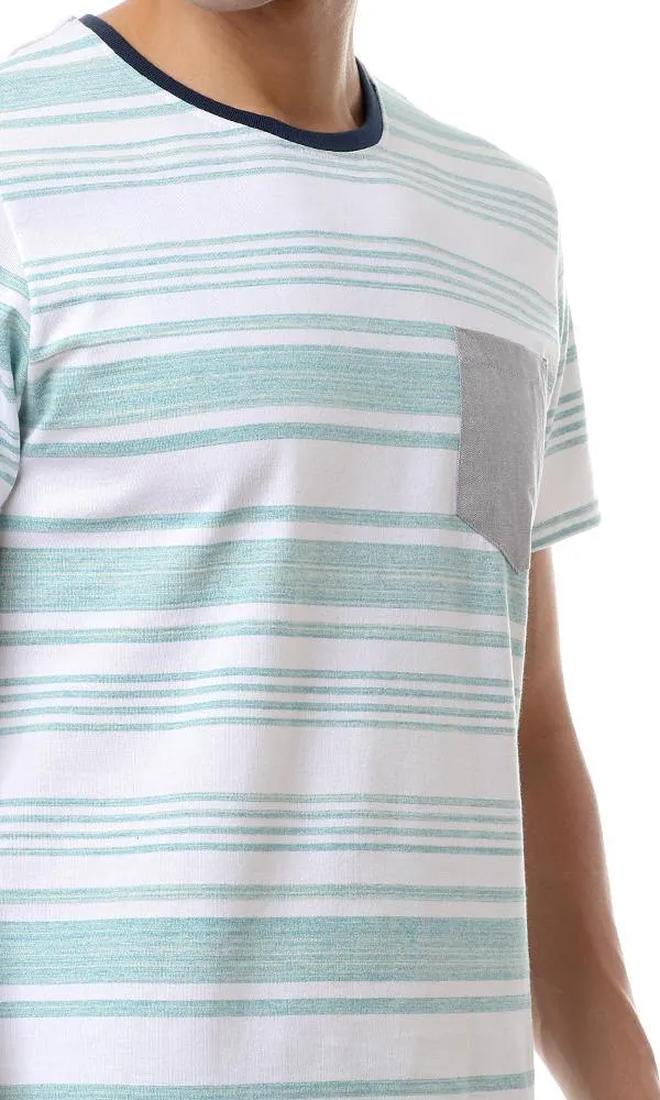 57991 Front Pockets Striped Tee - Heather Mint & White