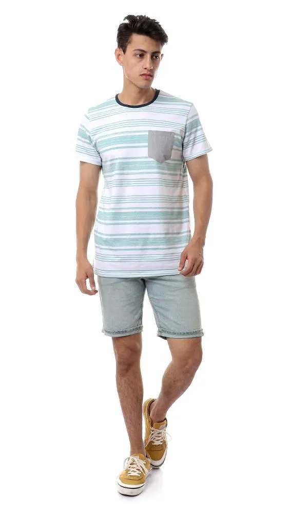 57991 Front Pockets Striped Tee - Heather Mint & White