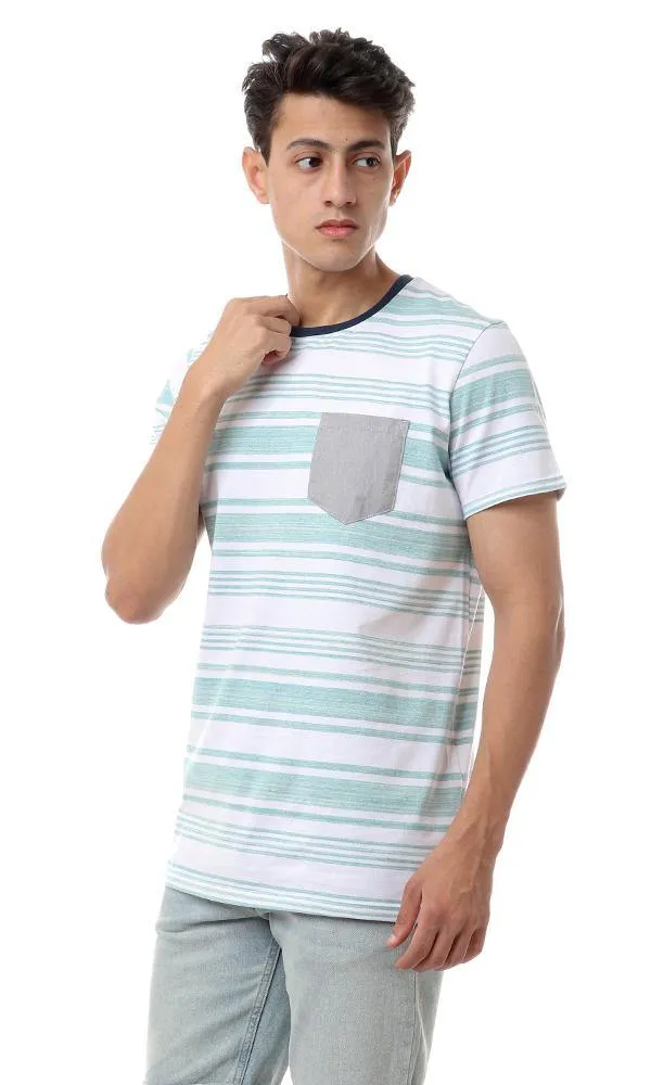 57991 Front Pockets Striped Tee - Heather Mint & White