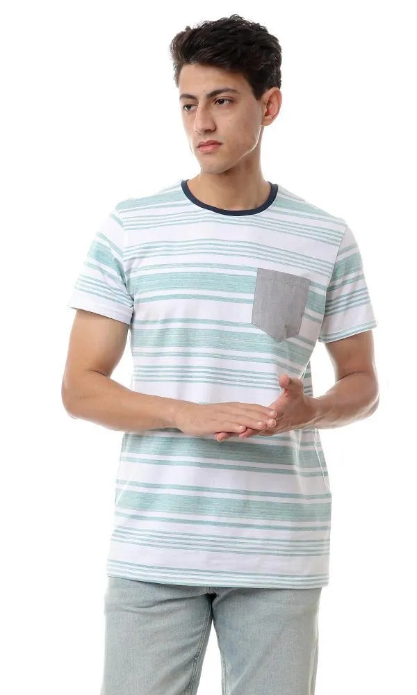 57991 Front Pockets Striped Tee - Heather Mint & White