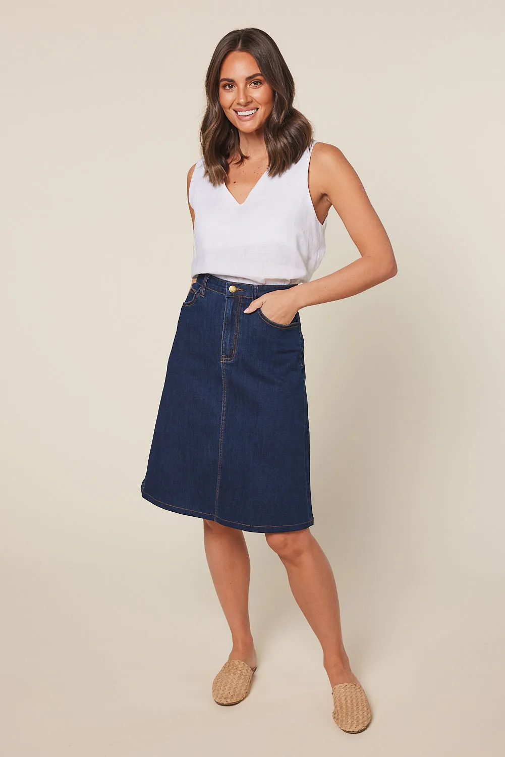 Adrift Denim Short A-Line Skirt in Mid Wash