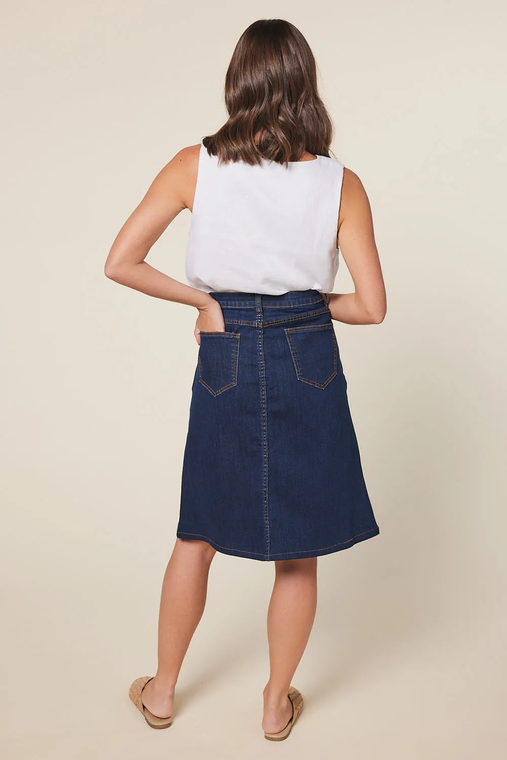 Adrift Denim Short A-Line Skirt in Mid Wash