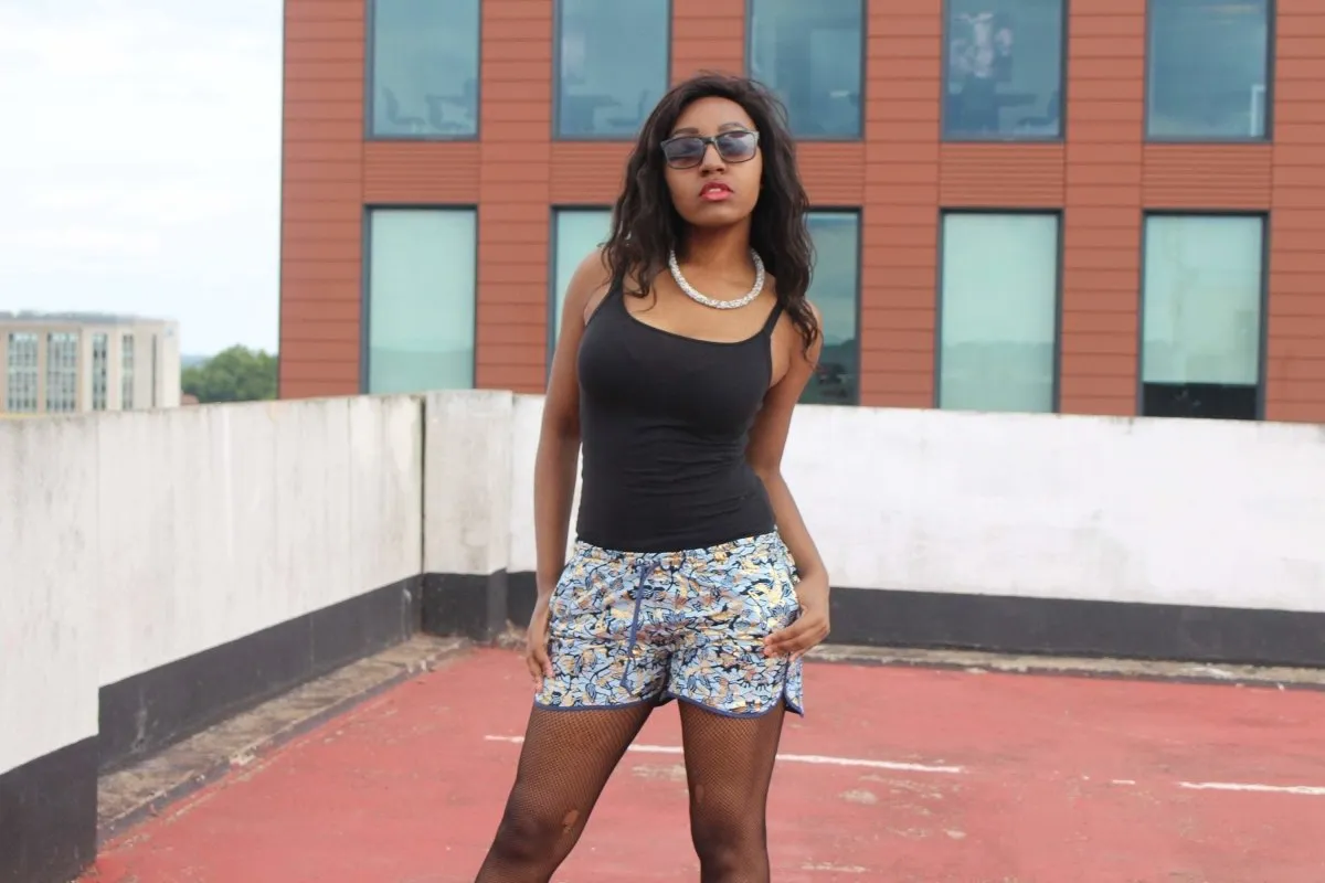 African Print Shorts in Blue Gold Ankara Print - Festival Shorts