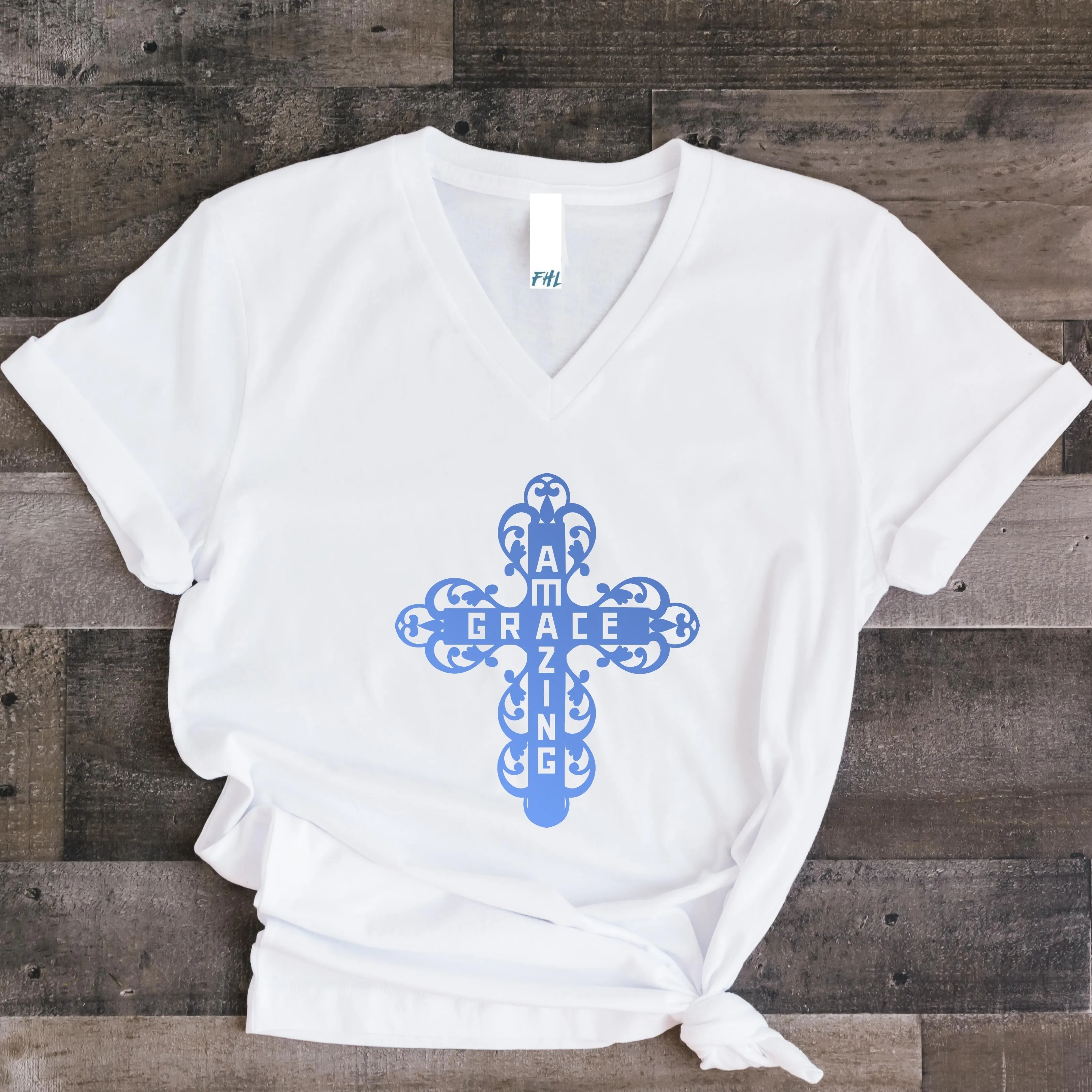 Amazing Grace Filigree Cross V-Neck T-Shirt