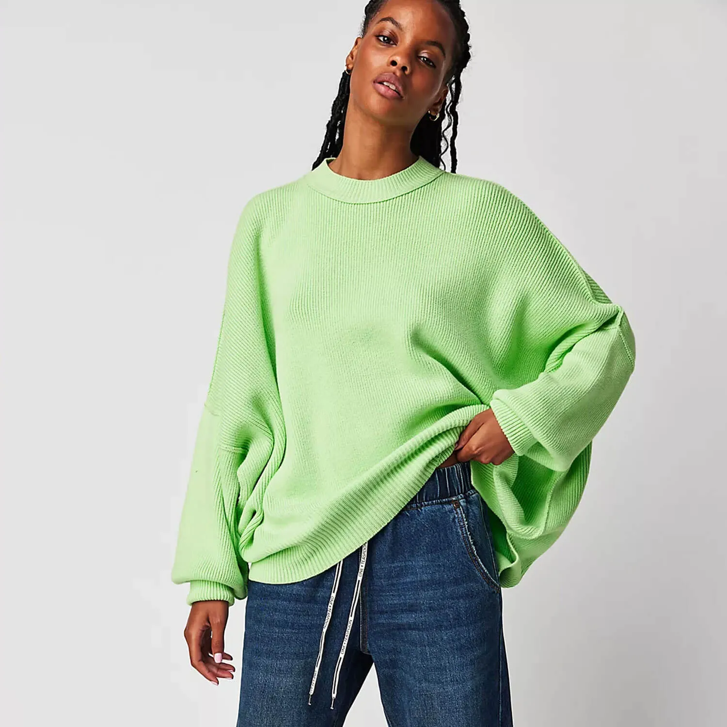 Athletic Crew Neck Drop Shoulder Long Sleeve Split Side Rib Knit Oversized Sweater