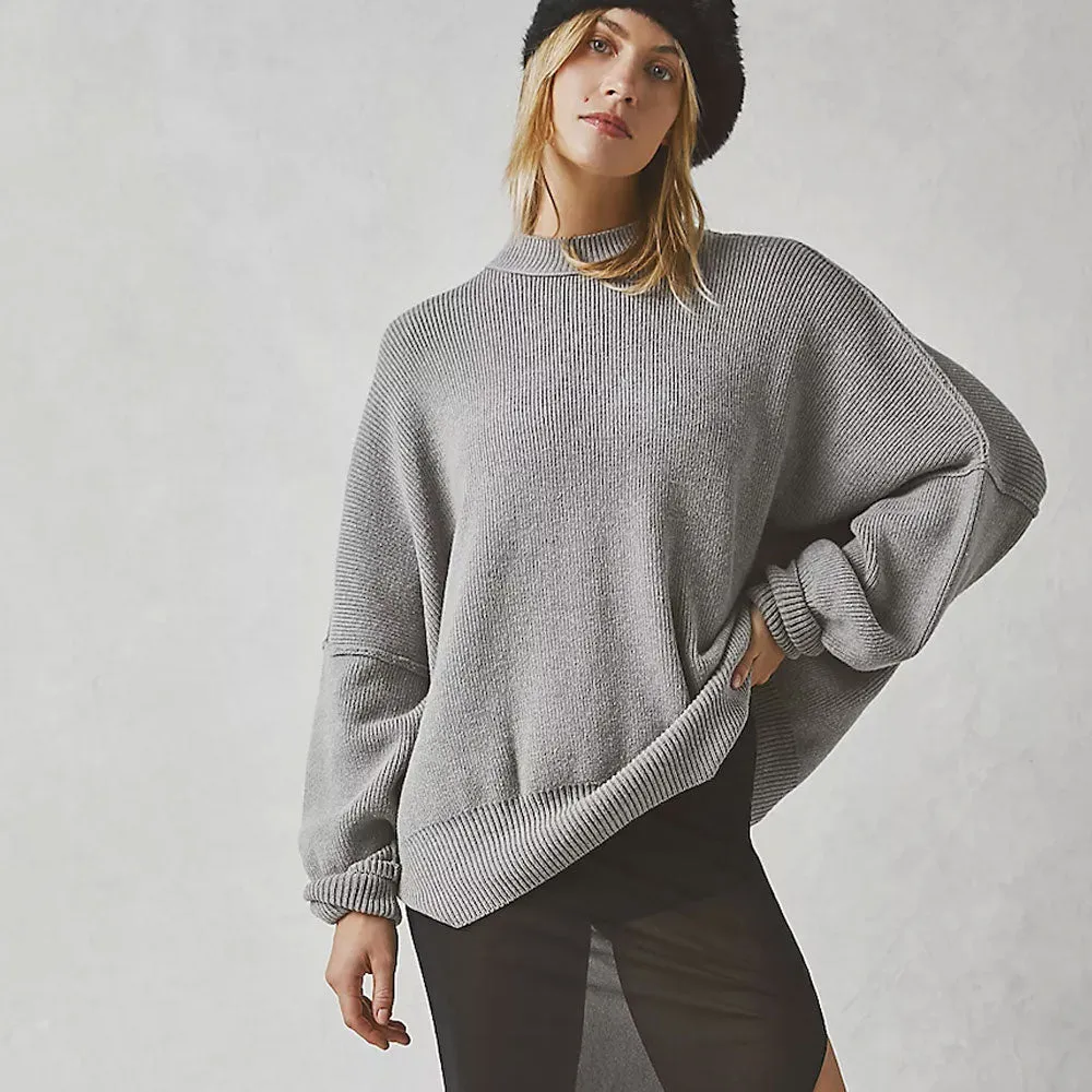 Athletic Crew Neck Drop Shoulder Long Sleeve Split Side Rib Knit Oversized Sweater