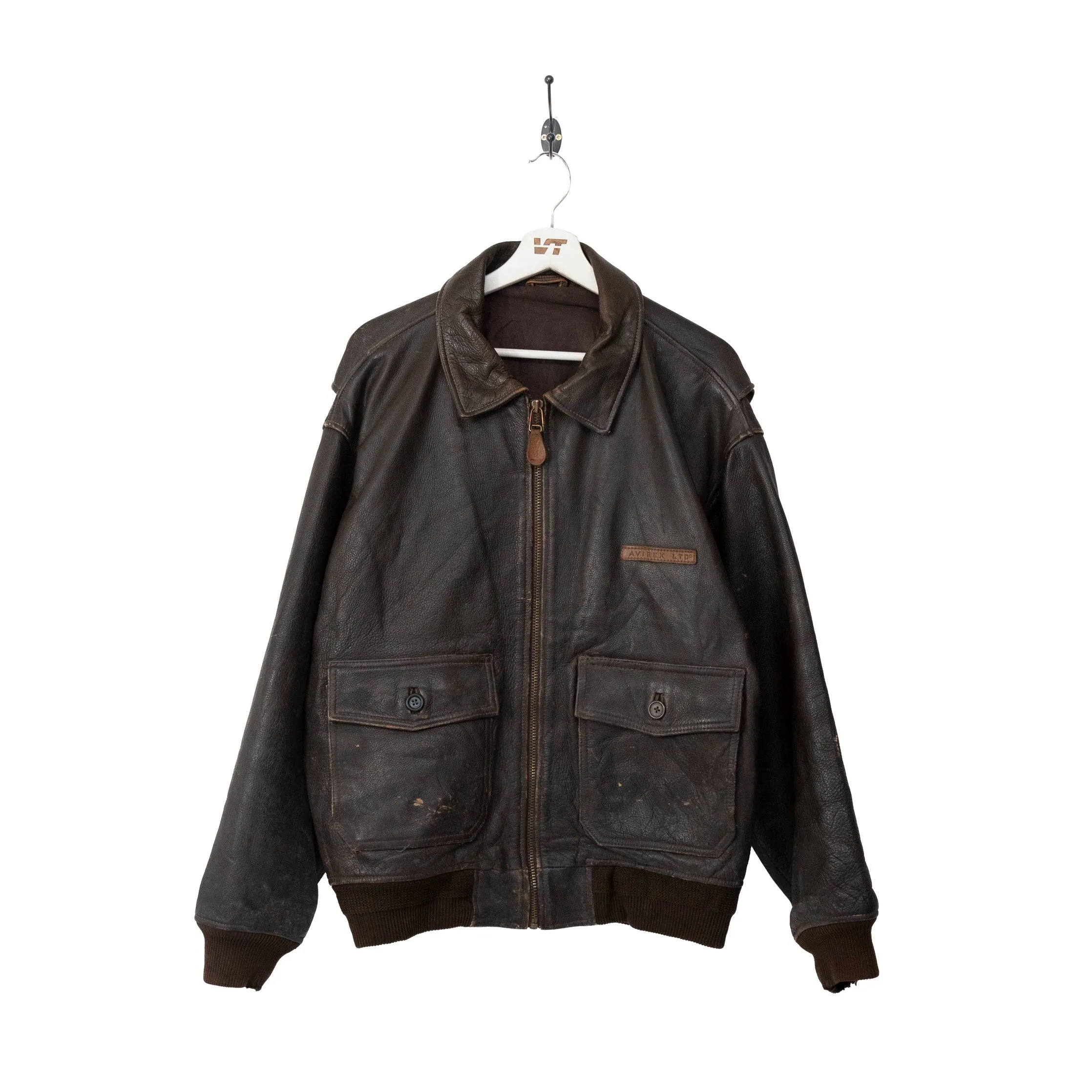 Avirex Double Pocket Distressed Leather Bomber Jacket