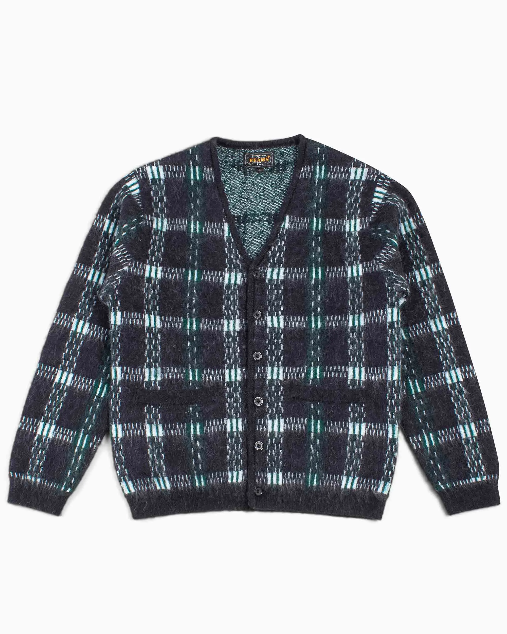 Beams Plus Cardigan Check Pattern Jacquard Mohair 9G Black