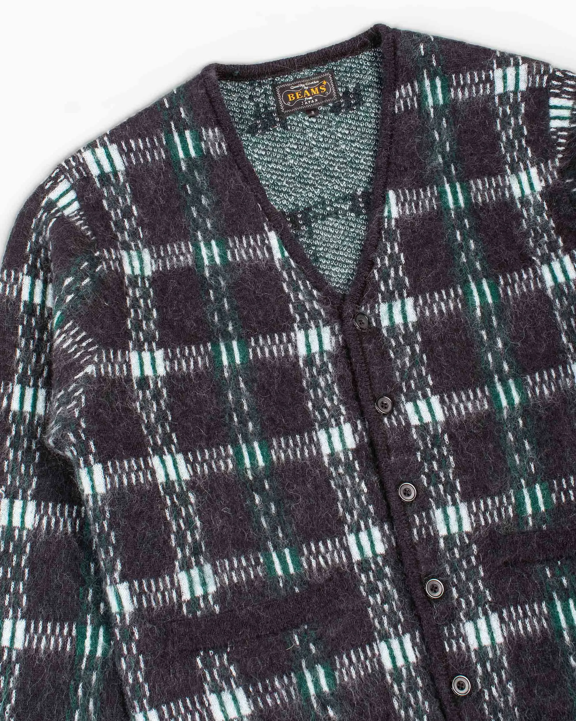 Beams Plus Cardigan Check Pattern Jacquard Mohair 9G Black