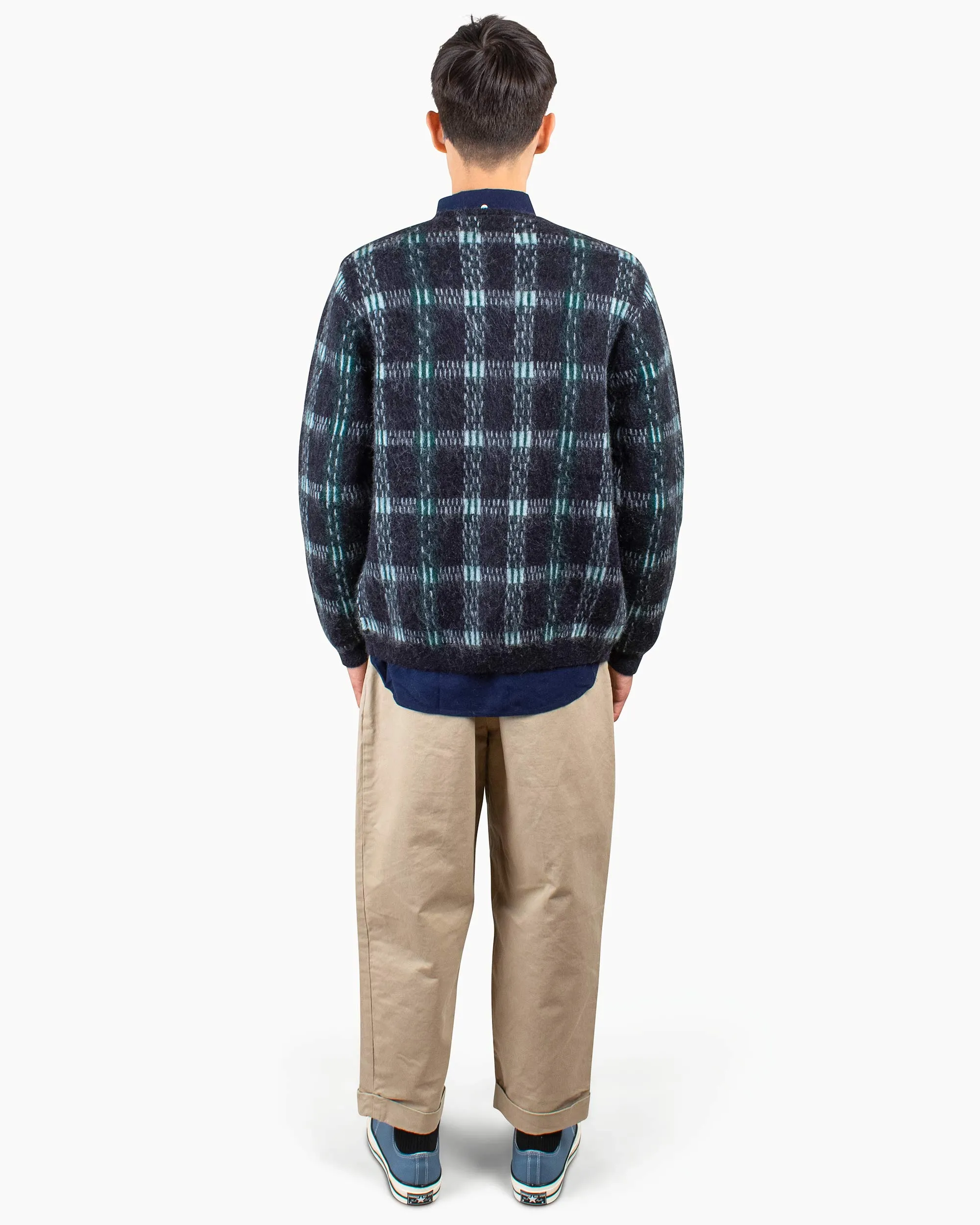 Beams Plus Cardigan Check Pattern Jacquard Mohair 9G Black