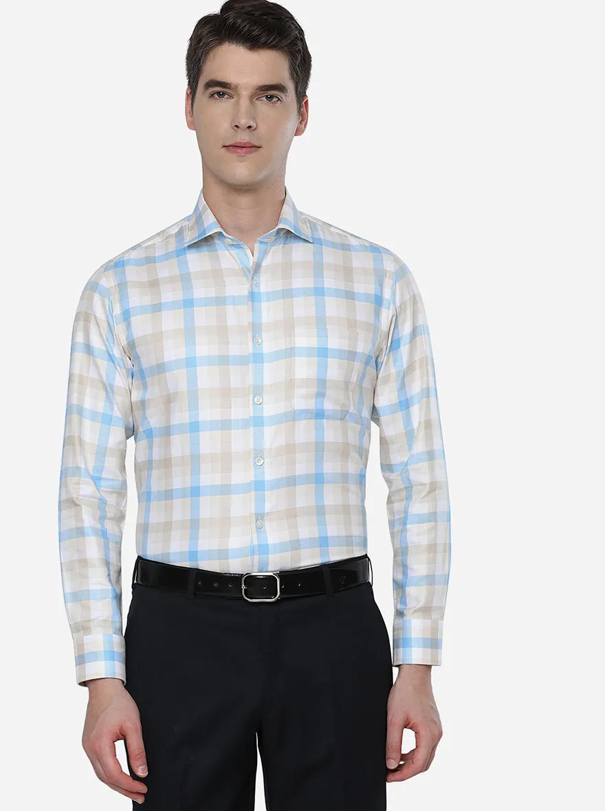 Beige & Blue Checked Slim Fit Formal Shirt | JadeBlue