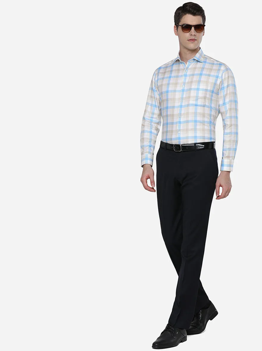 Beige & Blue Checked Slim Fit Formal Shirt | JadeBlue