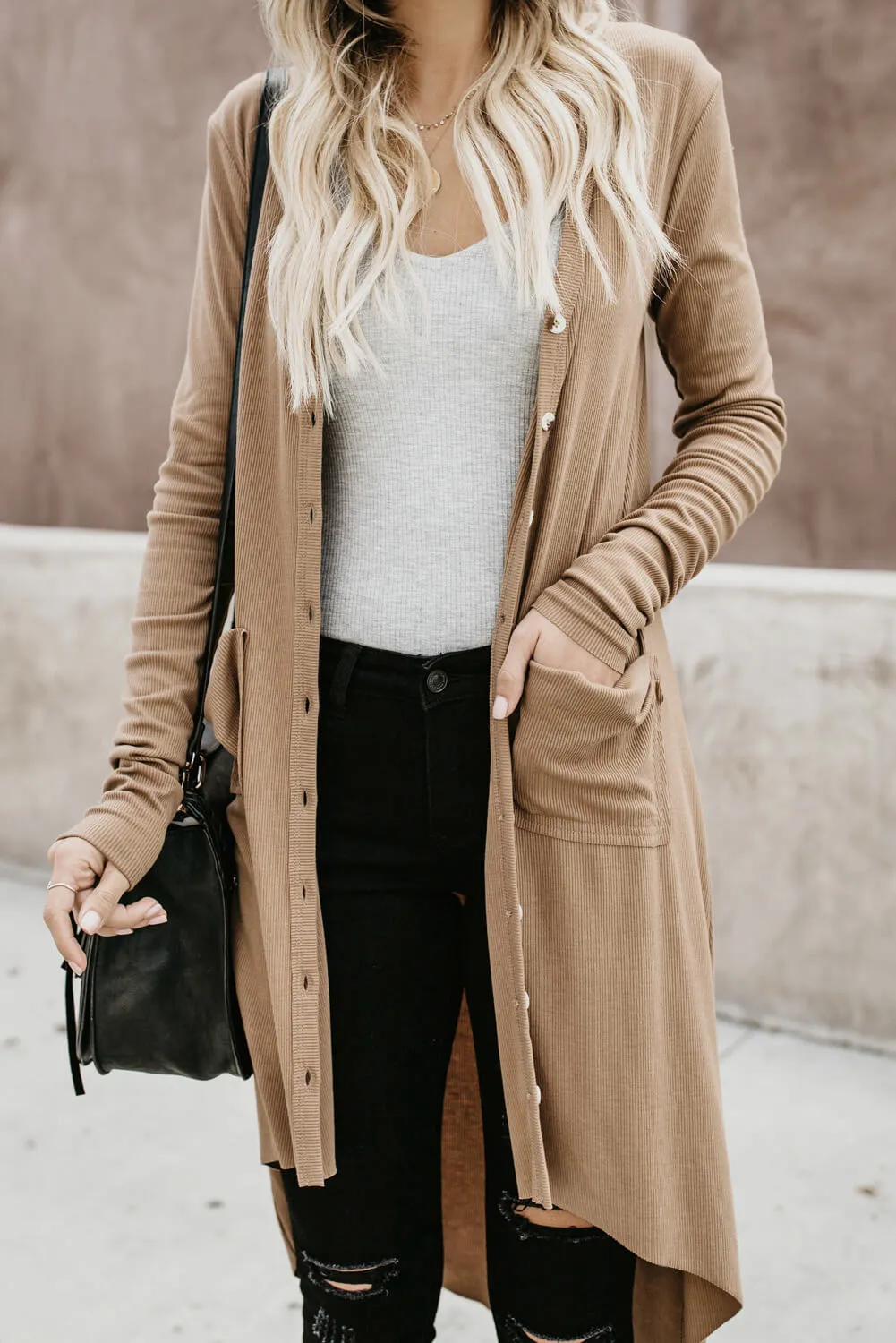 Beige Button Down High Low Long Sleeves Cardigan