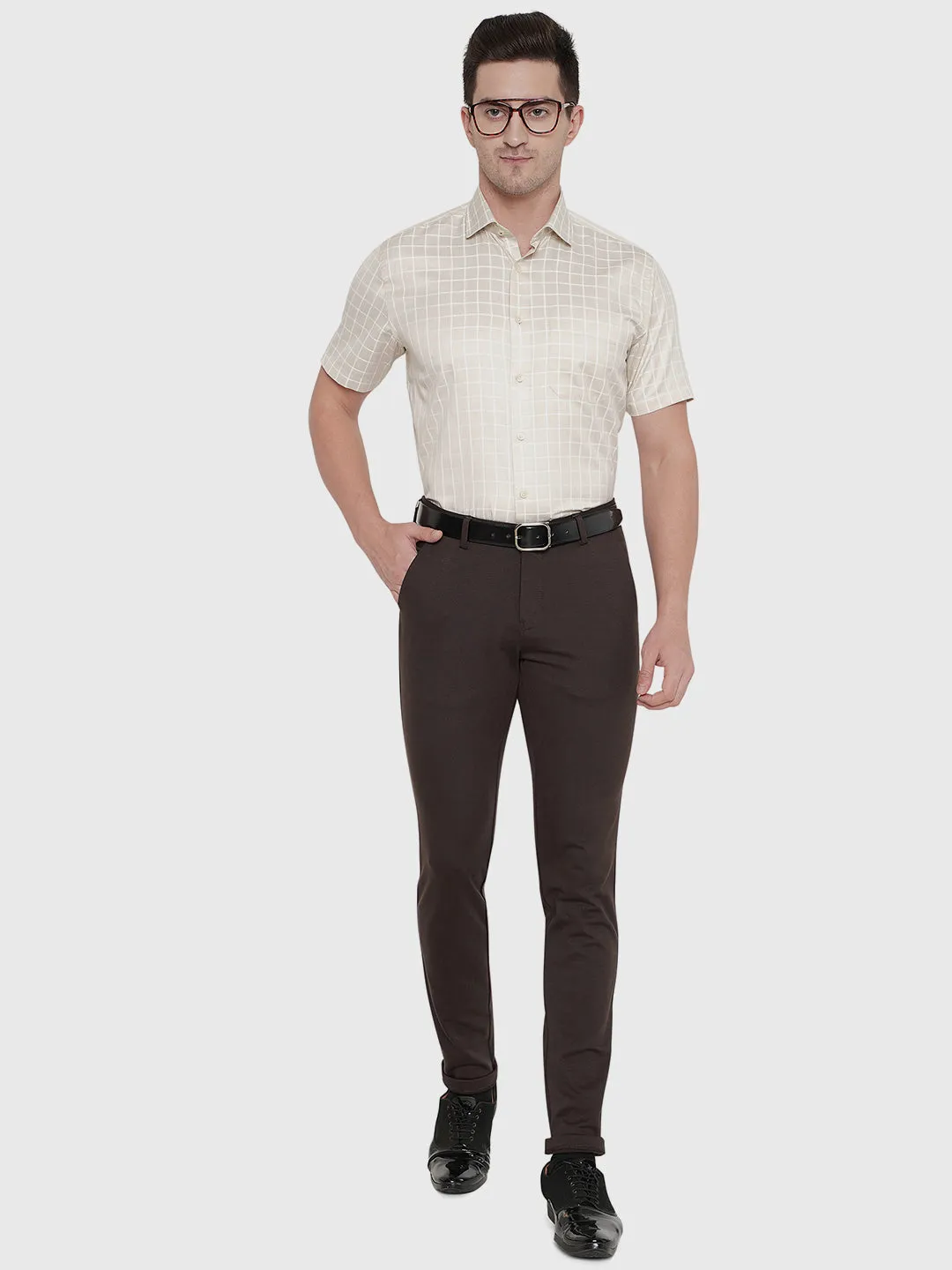 Beige Checked Slim Fit Formal Shirt | Greenfibre