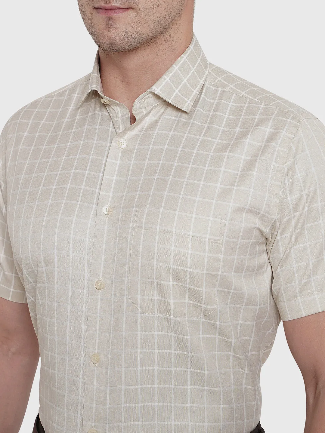 Beige Checked Slim Fit Formal Shirt | Greenfibre