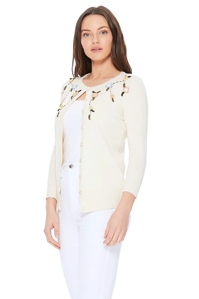 Beige Embroidered Flower Cardigan