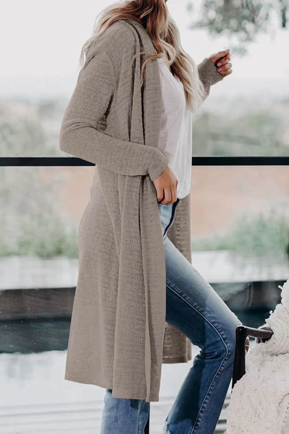 Beige Long Sleeves Pocketed Slouchy Cardigan