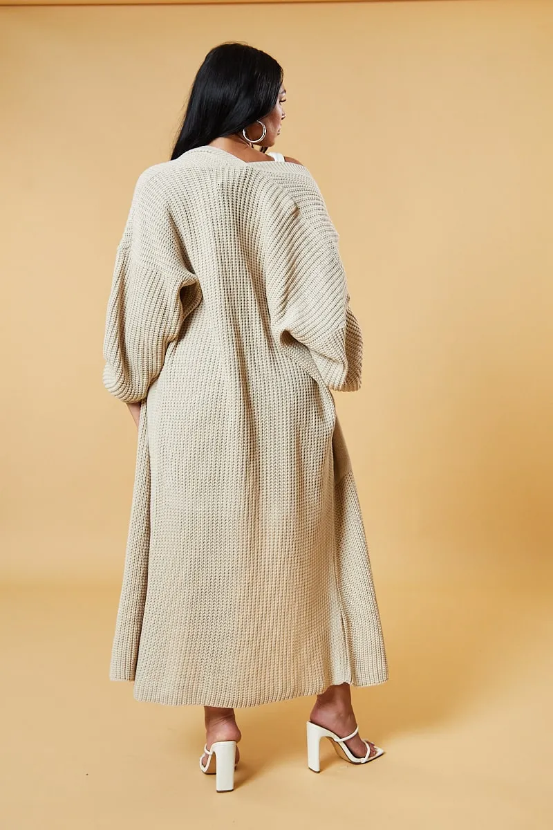 Beige Longline Knit  Maxi Cardigan - Ema