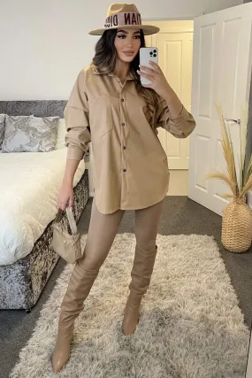 Beige Oversized PU Faux Leather Shirt