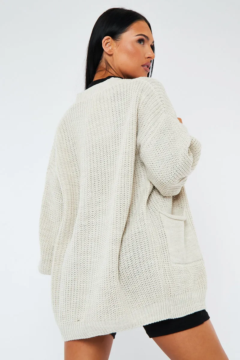 Beige Relaxed Fit Front Pockets Cardigan - Joelle