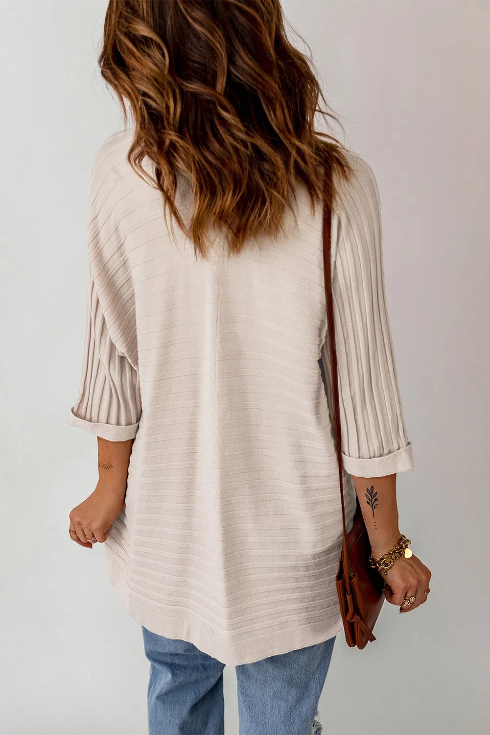 Beige Ribbed Open Front Knit Cardigan