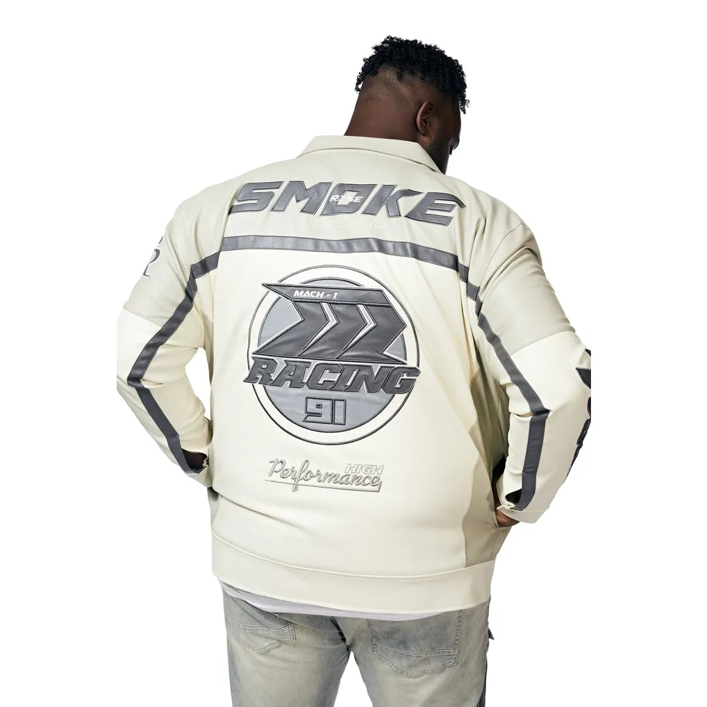 Big And Tall Vegan Leather Racing Jacket - Light Grey