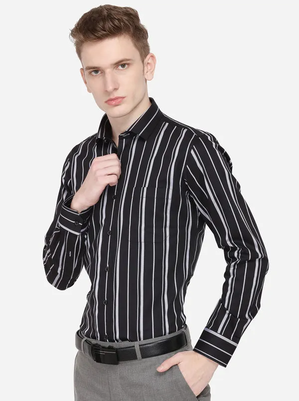 Black & Grey Striped Slim Fit Formal Shirt | JadeBlue