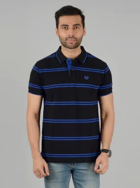 Black & Royal Blue Striped Slim Fit Polo T-Shirt | Greenfibre