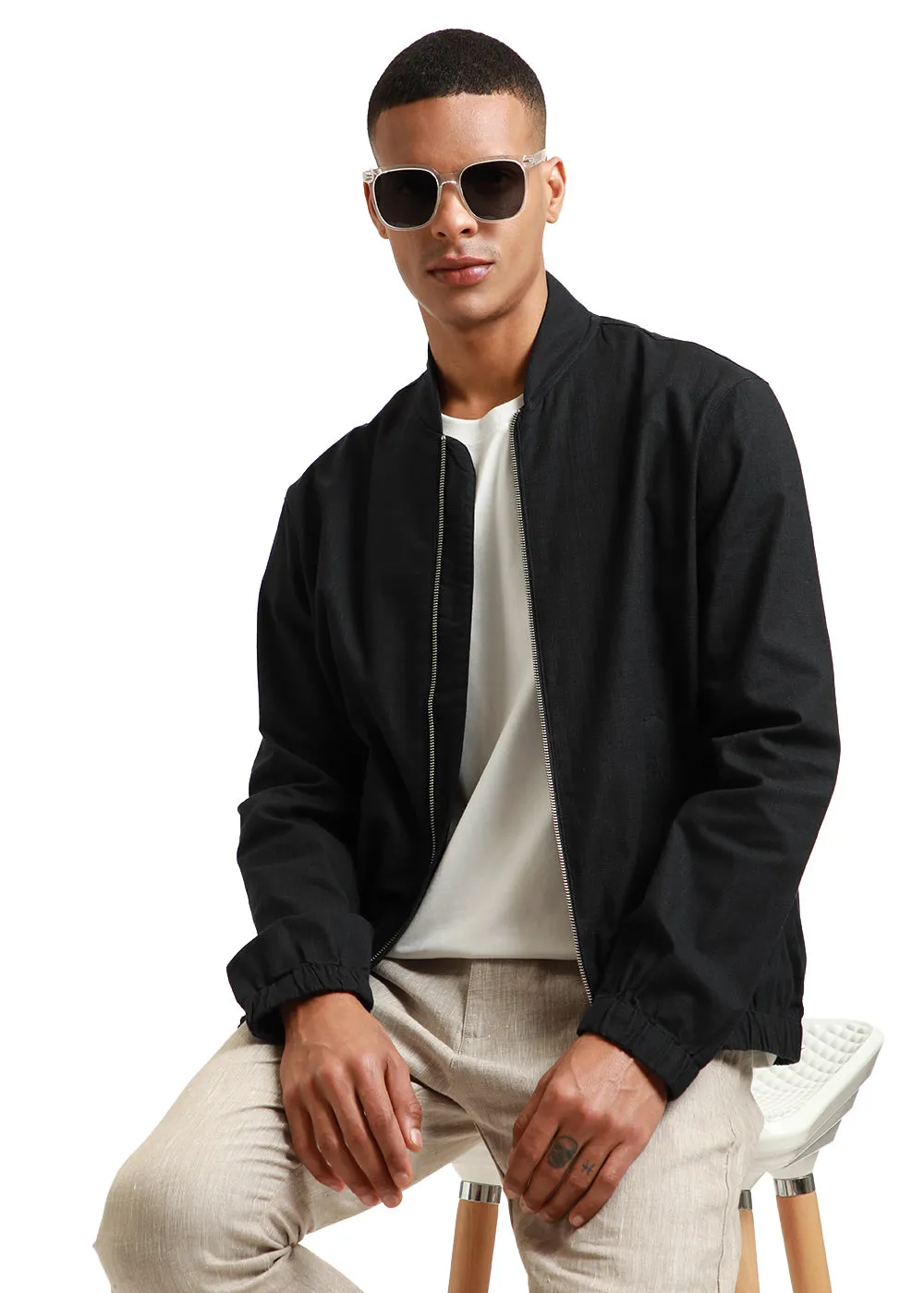 Black Bomber Linen Jacket