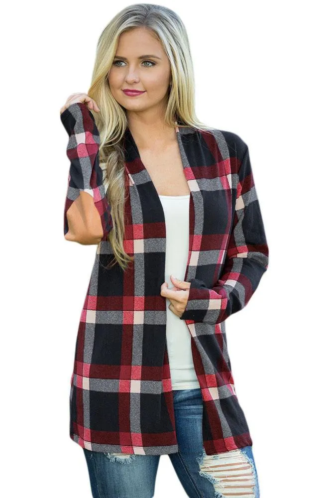 Black Elbow Suede Patch Plaids Cardigan