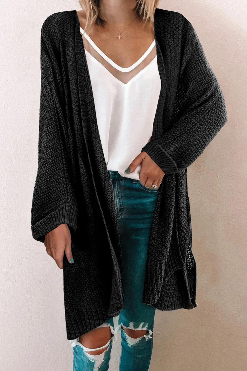 Black Full Sleeves Casual Knit Cardigan