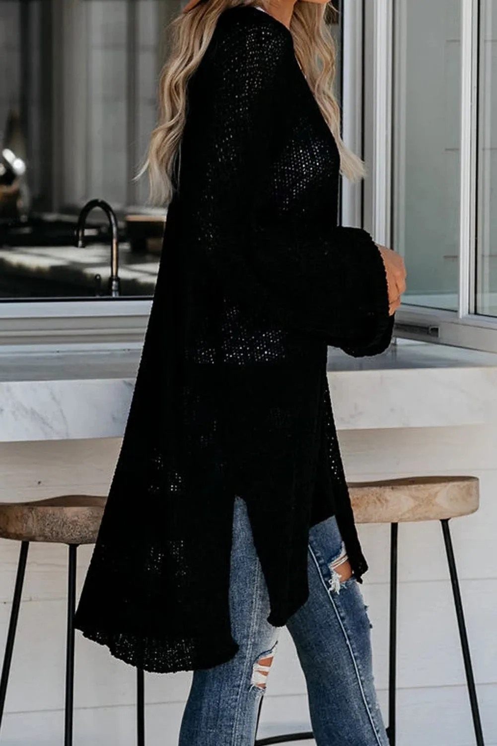 Black Full Sleeves Casual Knit Cardigan