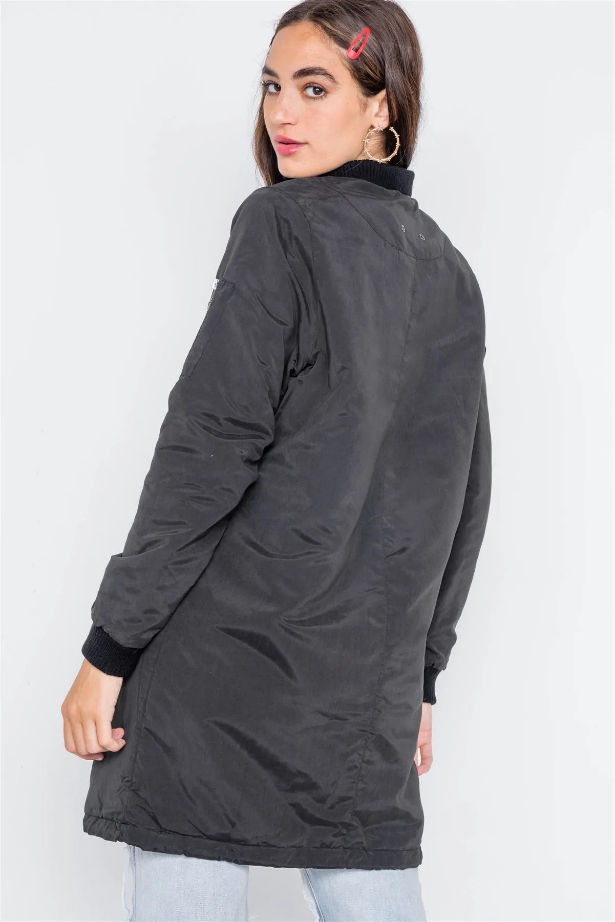 Black Puffer Long Sleeve Bomber Jacket