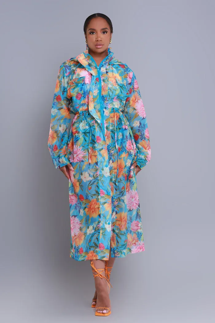 Blooming Hearts Oversized Floral Hooded Longline Jacket - Blue Multicolor