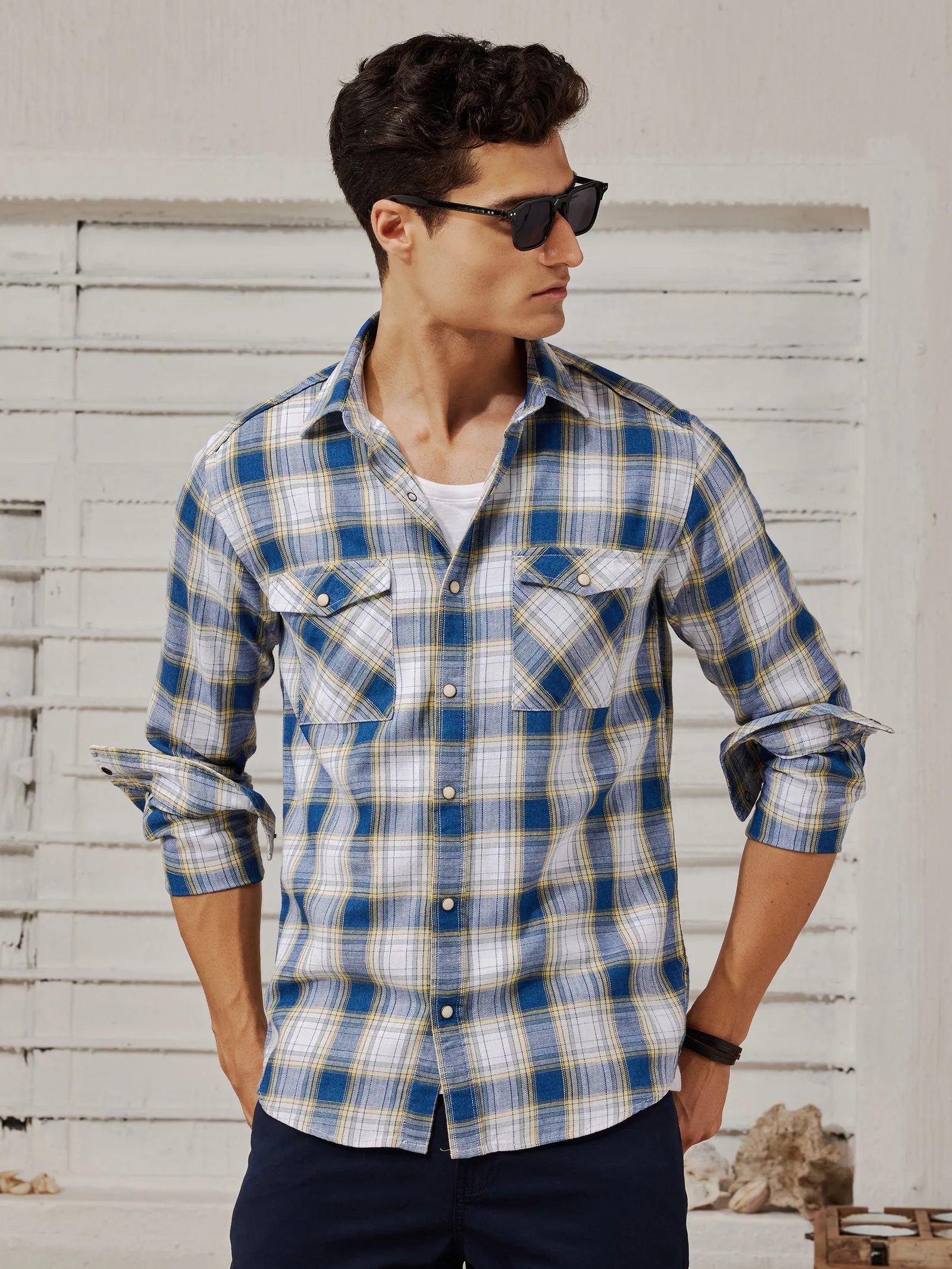 Blue Denim Checked Cargo Shirt