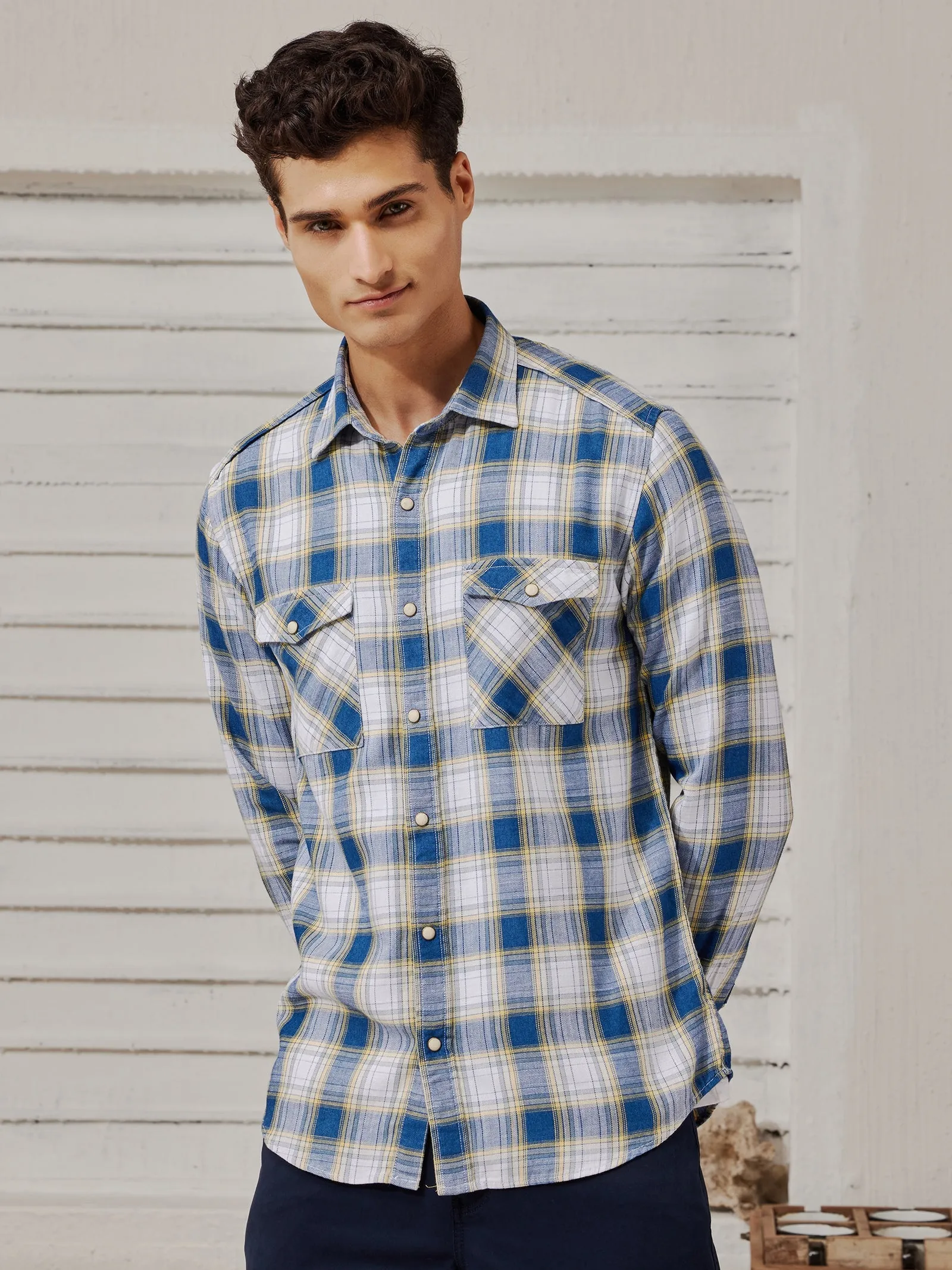 Blue Denim Checked Cargo Shirt