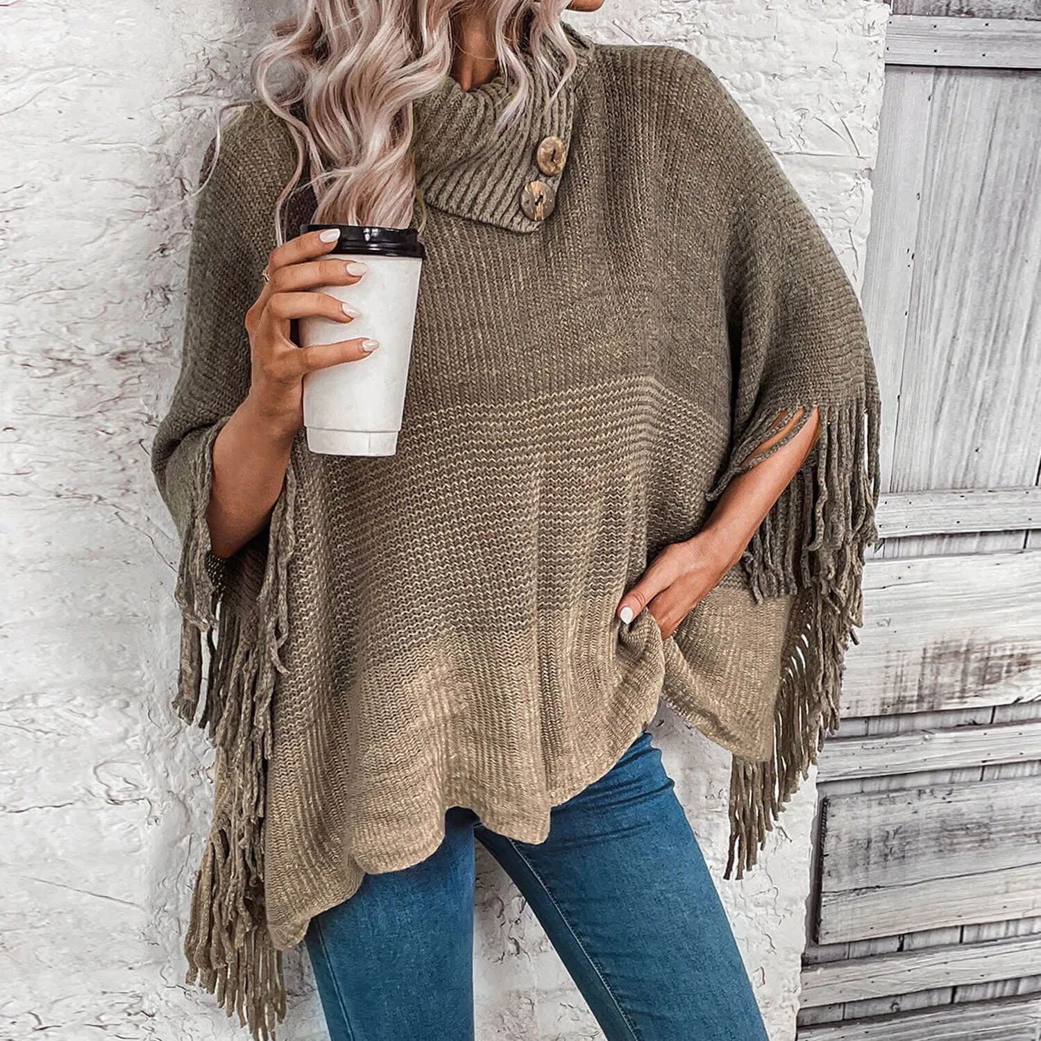 Boho Chic Button Trim Split Turtleneck Color Panel Fringe Oversized Knit Cape Sweater