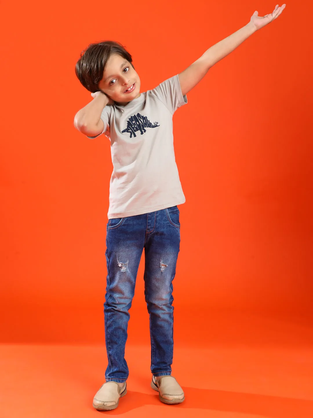 Boys Light Grey 100% Cotton Printed T-shirt