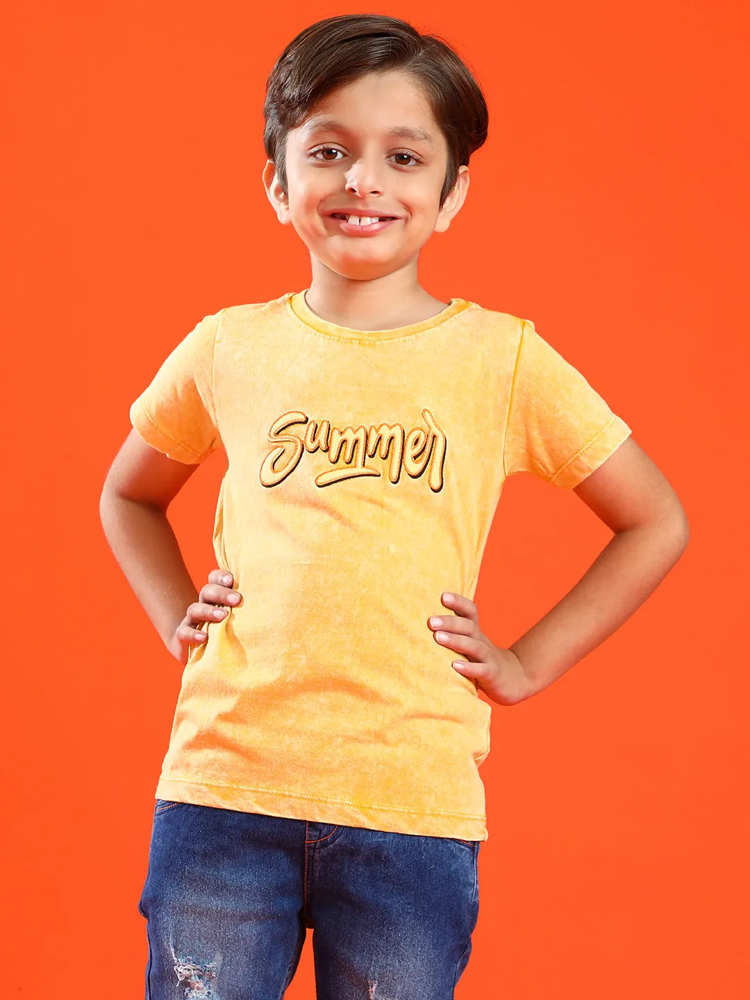 Boys Mustard Yellow 100% Cotton Printed T-shirt