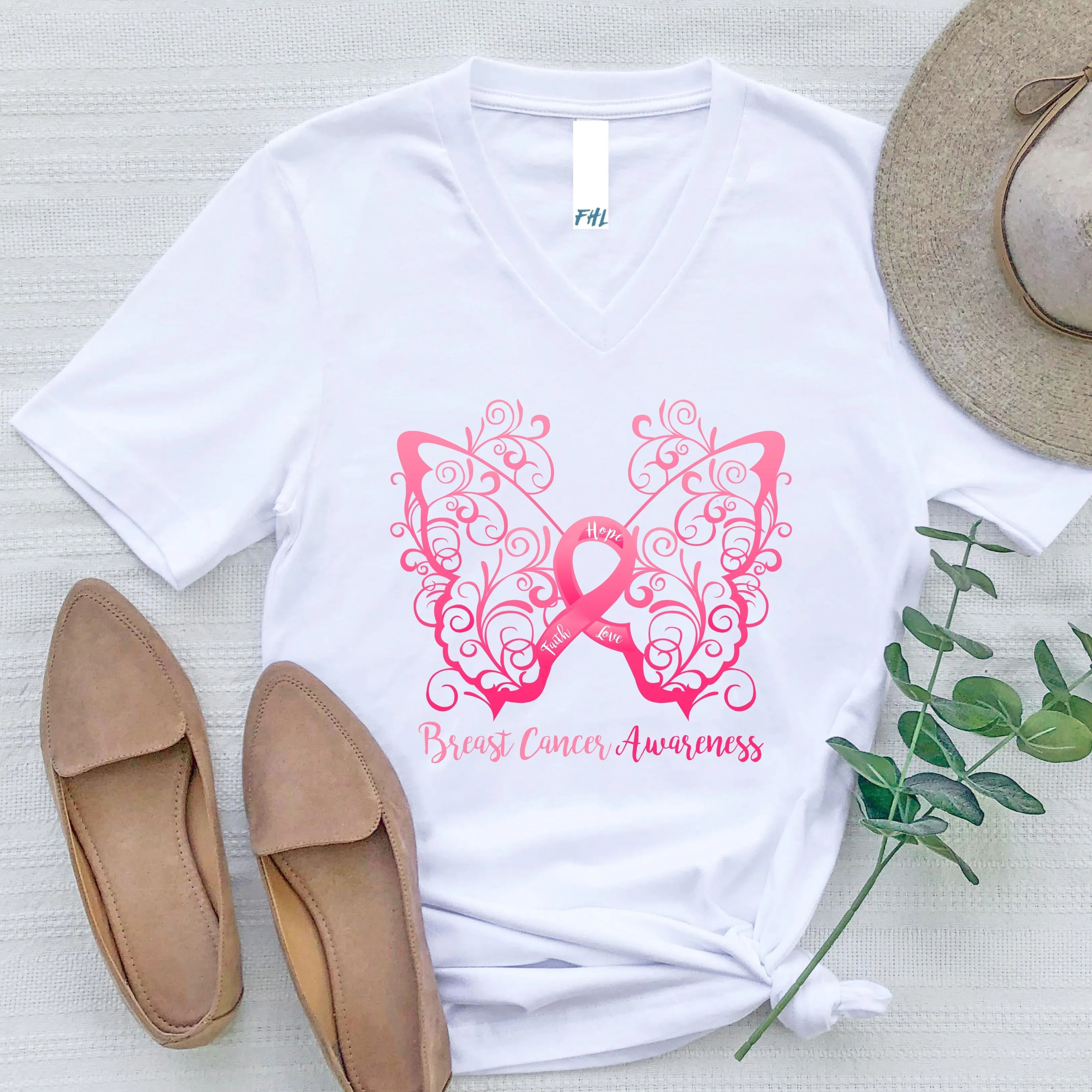 Breast Cancer Awareness Filigree Butterfly V-Neck T-Shirt