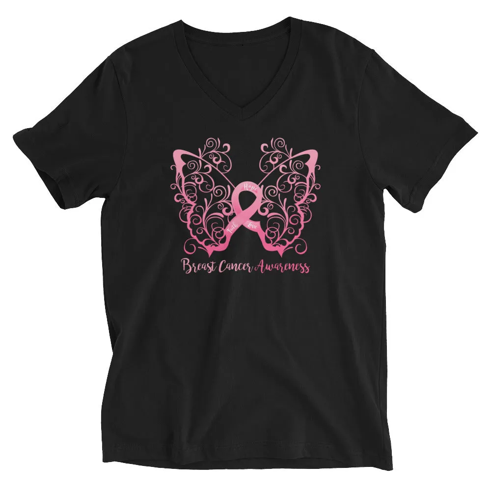 Breast Cancer Awareness Filigree Butterfly V-Neck T-Shirt