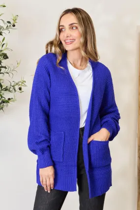 Bright Blue Waffle-Knit Open Front Cardigan