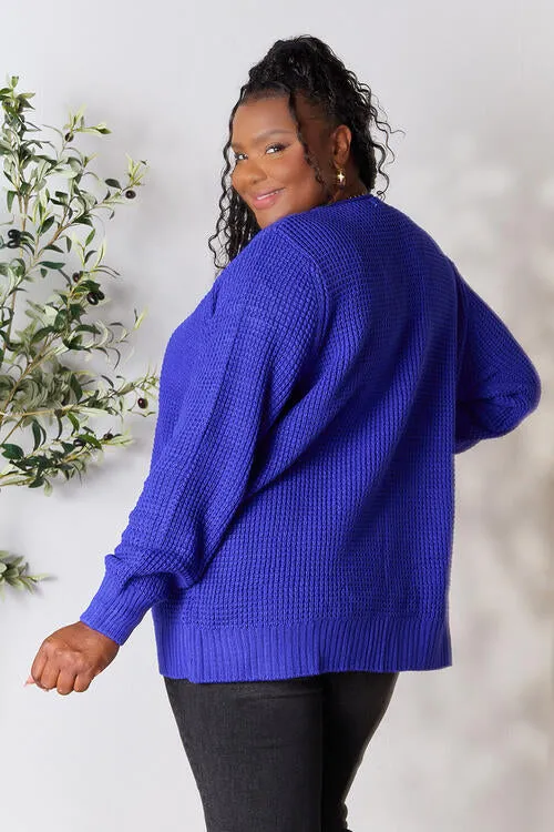 Bright Blue Waffle-Knit Open Front Cardigan