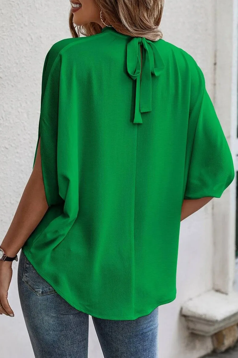 Bright Green Solid Mock Neck Split Batwing Sleeve Blouse