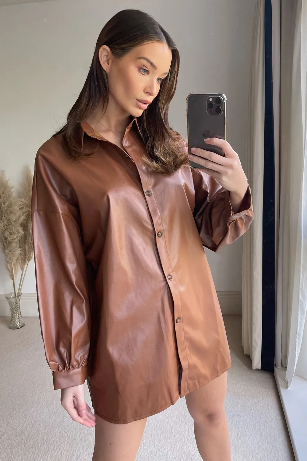 Brown Oversized PU Faux Leather Shirt