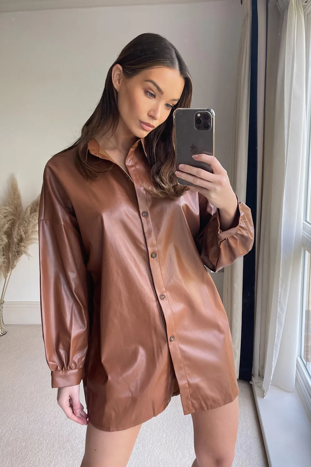 Brown Oversized PU Faux Leather Shirt