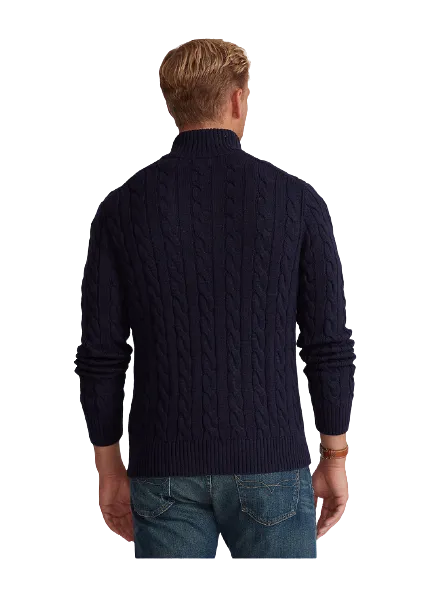 Cable Knit Cotton Zip Collar Pullover - Hunter Navy