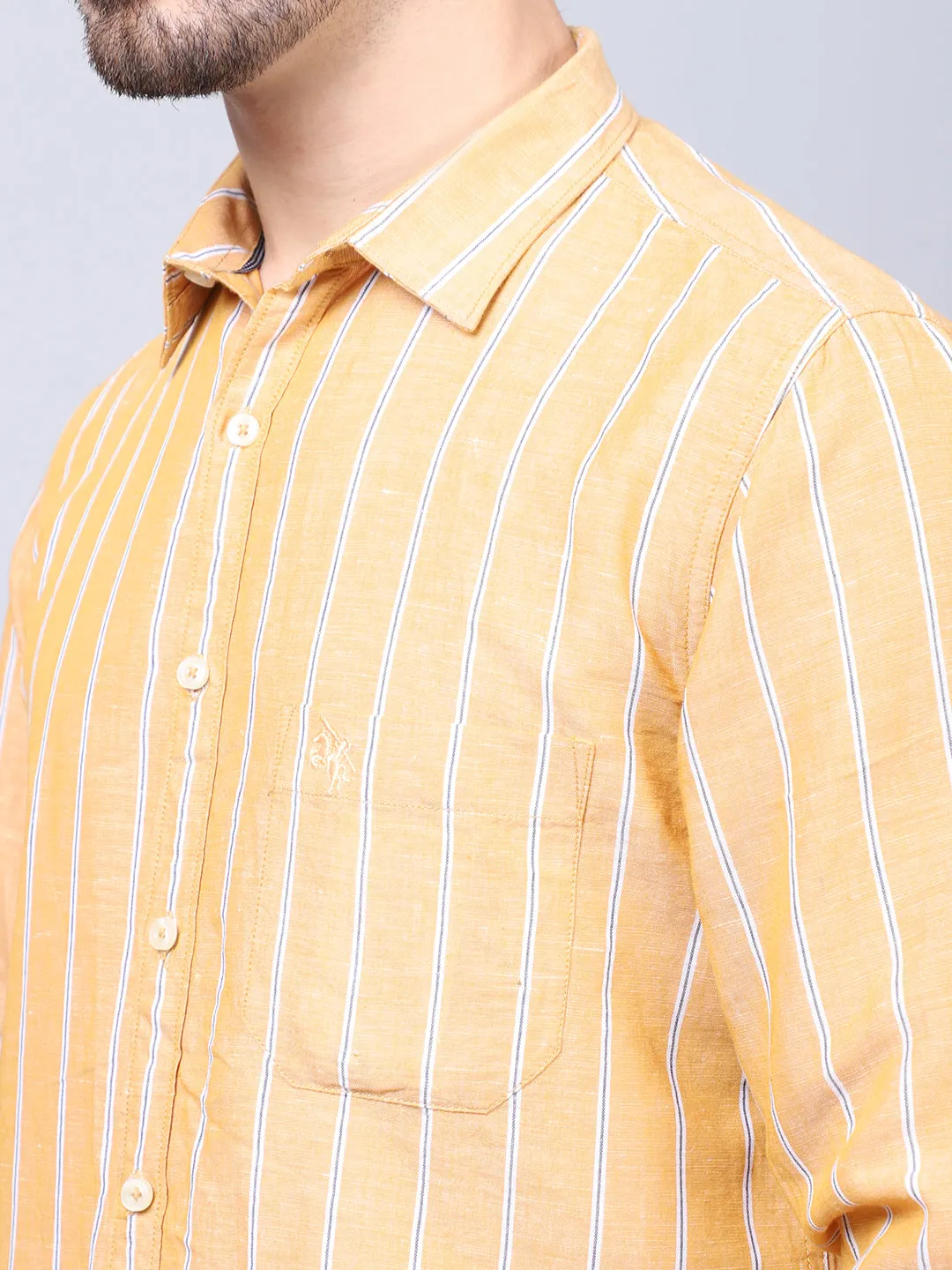 Cantabil Cotton Blend Striped Mustard Full Sleeve Casual Shirt for Men with Pocket